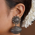 Sitavan heritage dome oxidized tribal jhumka earring with large engraved silver-tone spherical drop