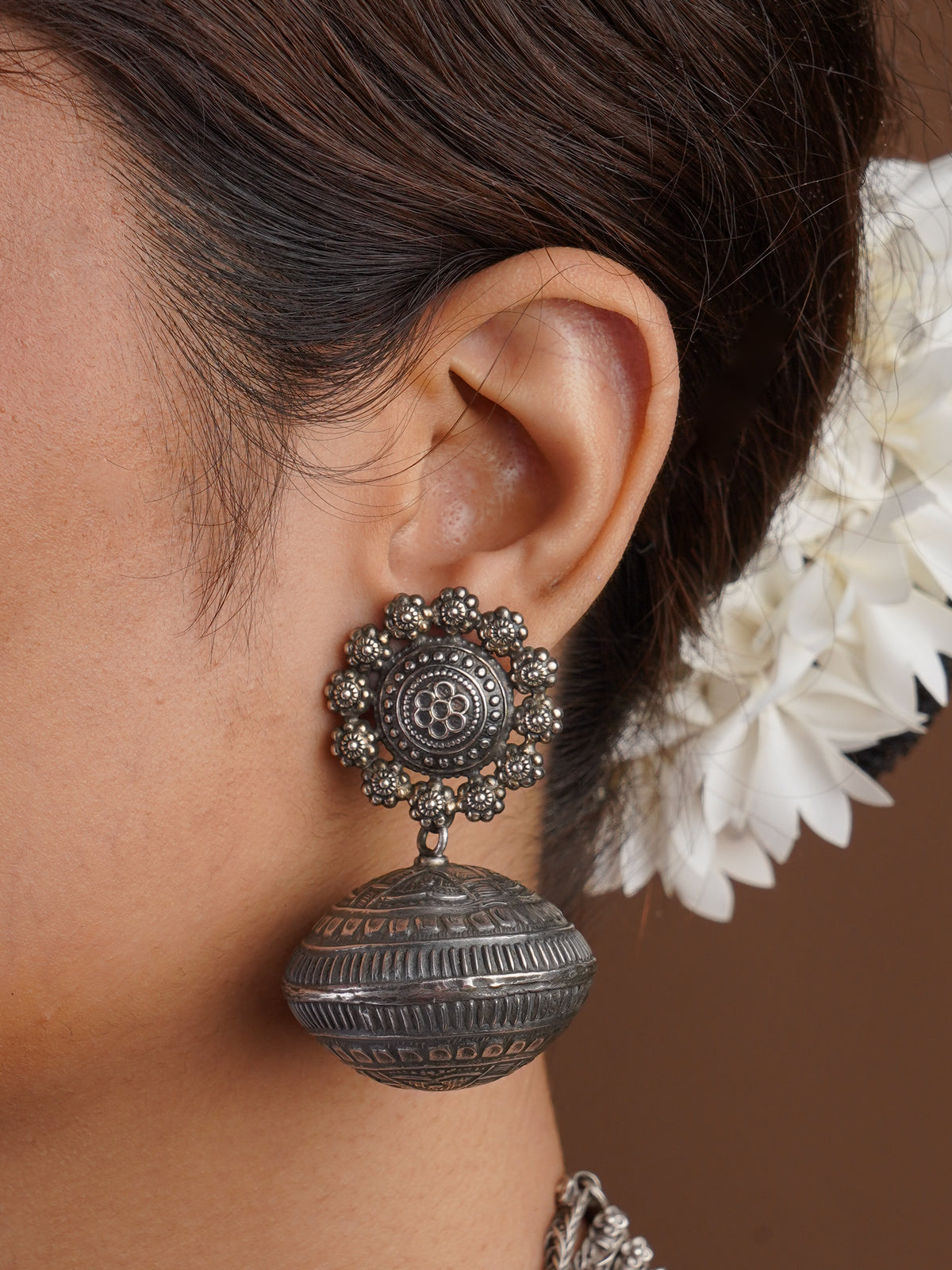 Sitavan heritage dome oxidized tribal jhumka earring with large engraved silver-tone spherical drop