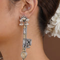Sitavan antique key motif oxidized long drop earring with engraved silver-tone floral details