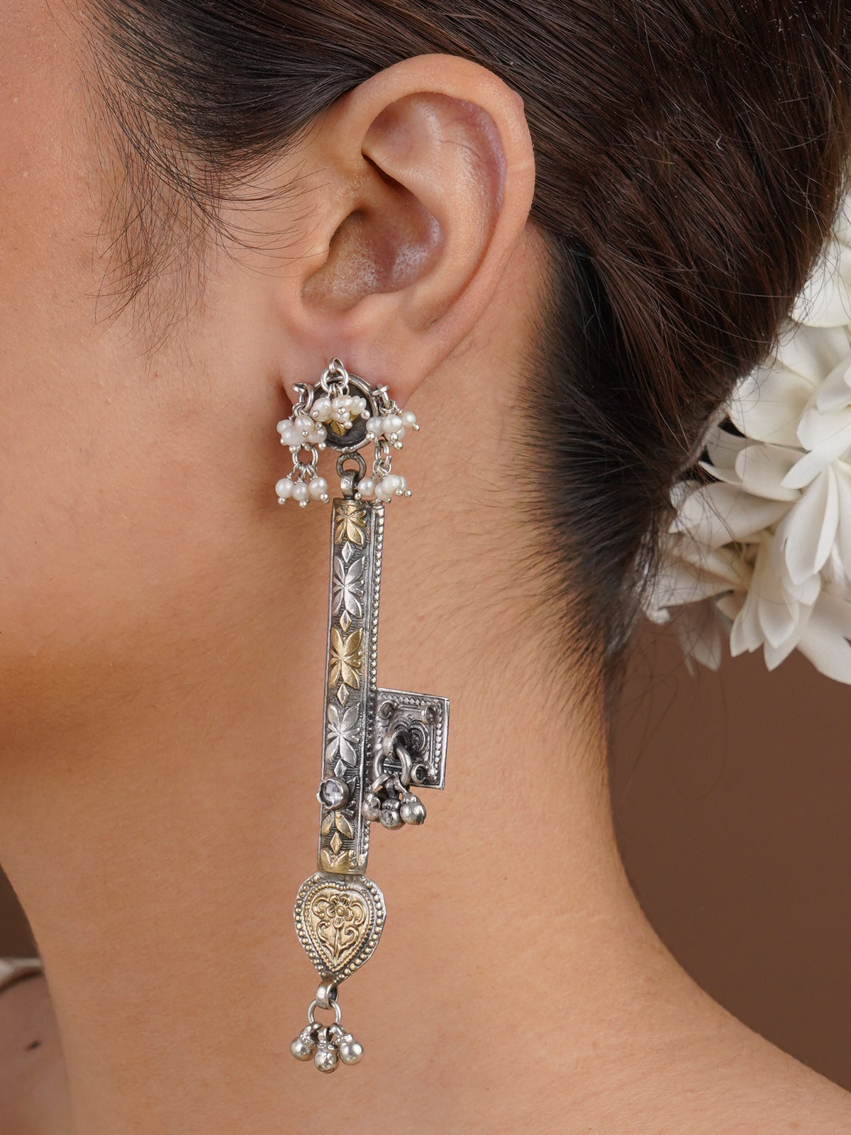 Sitavan antique key motif oxidized long drop earring with engraved silver-tone floral details