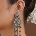 Sitavan green stone chain tassel oxidized statement earring with turquoise multicolour bead accents
