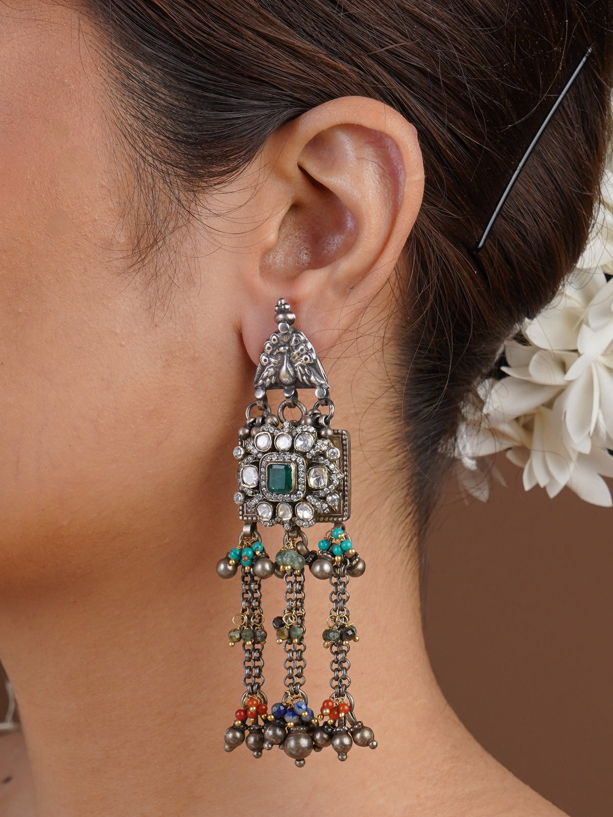 Sitavan green stone chain tassel oxidized statement earring with turquoise multicolour bead accents