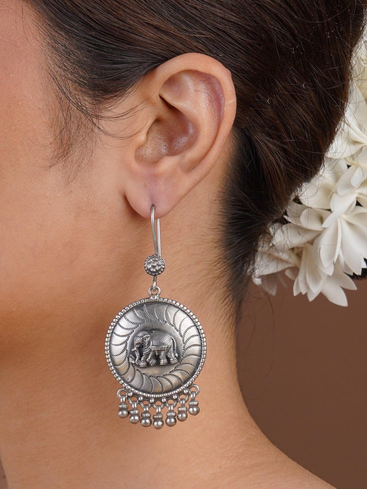 Sitavan elephant medallion oxidized tribal drop earring with engraved silver-tone round disc