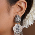 Sitavan hammered shield oxidized tribal drop earring with embossed teardrop stud and cutwork fringe