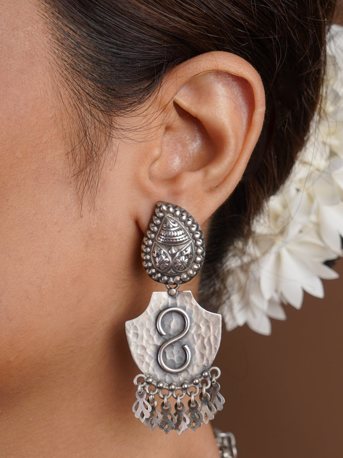 Sitavan hammered shield oxidized tribal drop earring with embossed teardrop stud and cutwork fringe