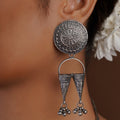 Sitavan sun medallion double cone oxidized tribal earring with engraved circular top and bead clusters