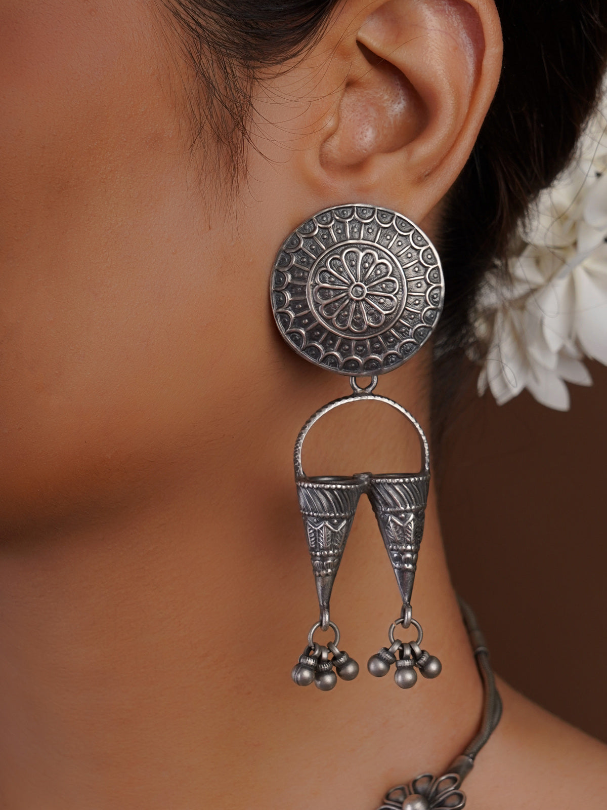 Sitavan sun medallion double cone oxidized tribal earring with engraved circular top and bead clusters