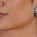 Sitavan floral mandala oxidized statement stud earring with engraved circular silver-tone design