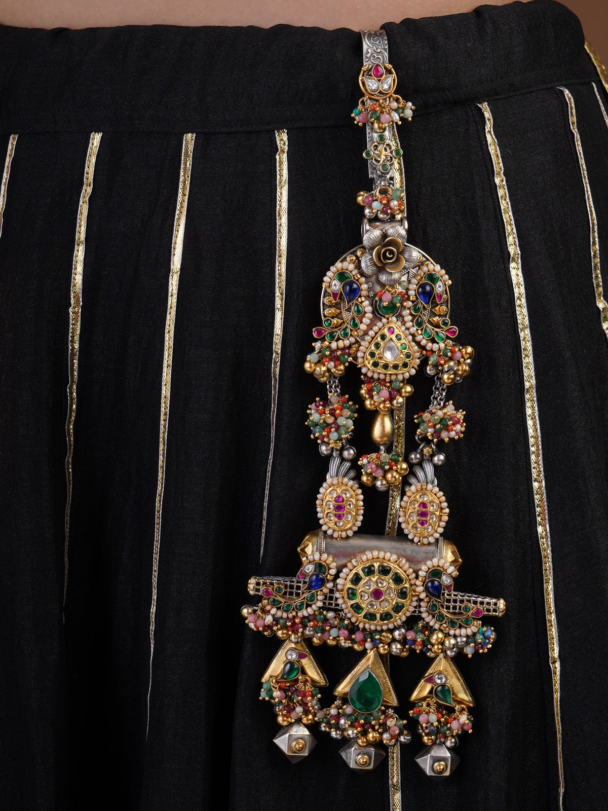 Sitamahor peacock rose multicolour fusion Juda hair ornament with pearls kundan-style stones and green drops