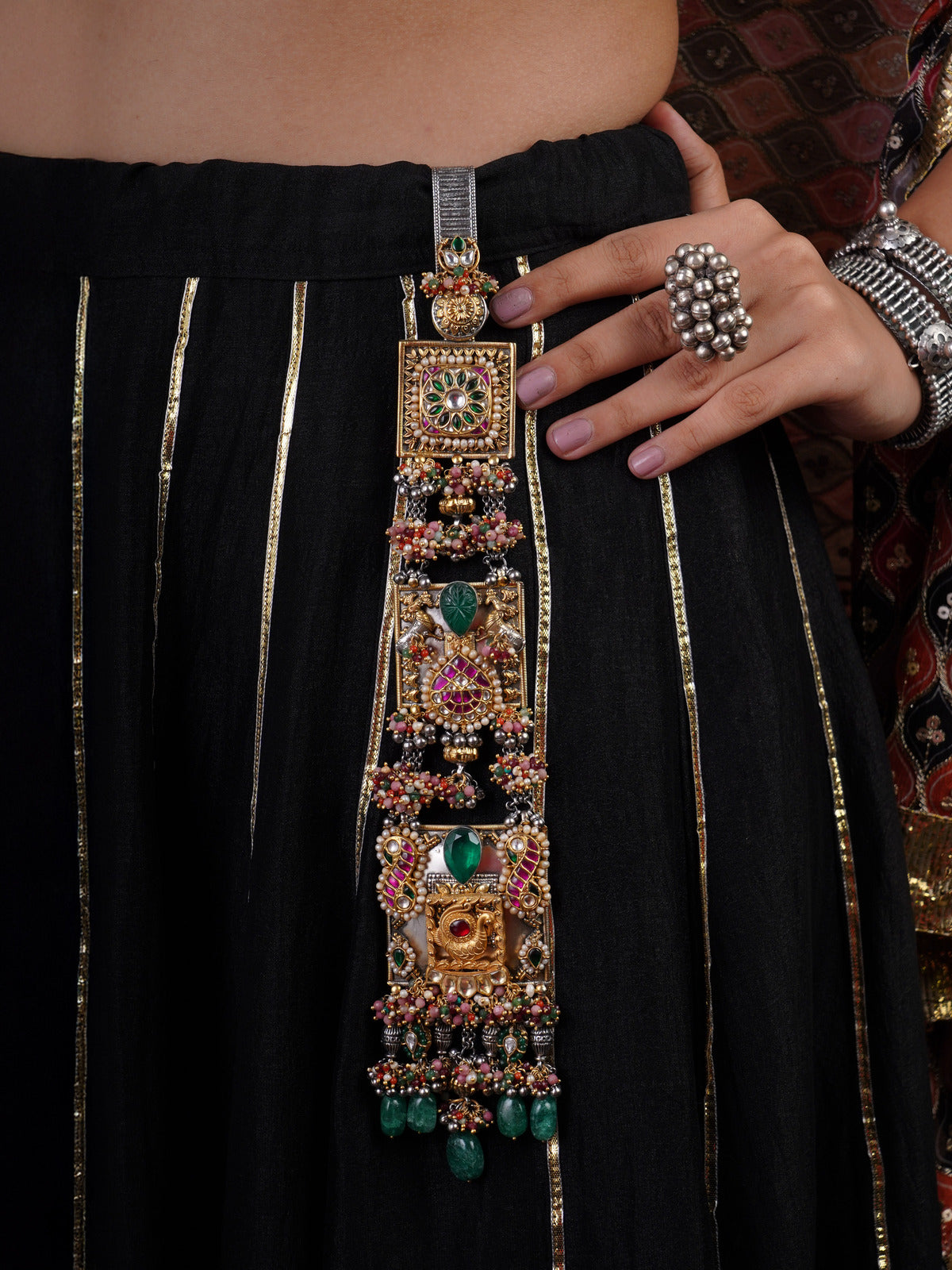 Sitamahor heritage medallion emerald fusion Juda hair ornament with ruby green stones pearl borders and bead tassels