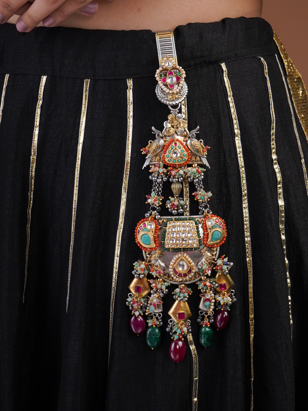 Sitamahor twin bird kundan cascade fusion Juda hair ornament with multicolour stones pearls and mixed-metal details