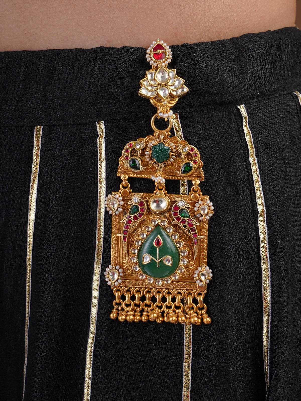 Sitamahor emerald peacock kundan fusion Juda ornament with green teardrop centre ruby accents pearls and gold tassels