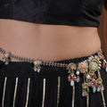 Sitamahor Navrangi medallion fusion Kamarbandh waist belt with mixed metal kundan motifs and multicolour stone drops