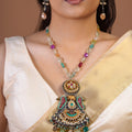 Sitamahor Navrangi peacock pendant fusion necklace with multicolour bead strand and mixed metal kundan style pendant