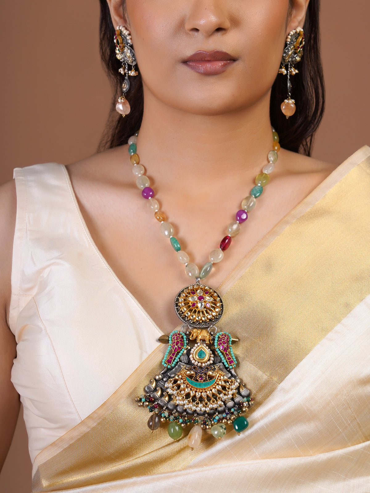 Sitamahor Navrangi peacock pendant fusion necklace with multicolour bead strand and mixed metal kundan style pendant
