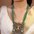 Sitamahor emerald elephant kundan fusion necklace with green bead strands and large mixed metal rectangular pendant