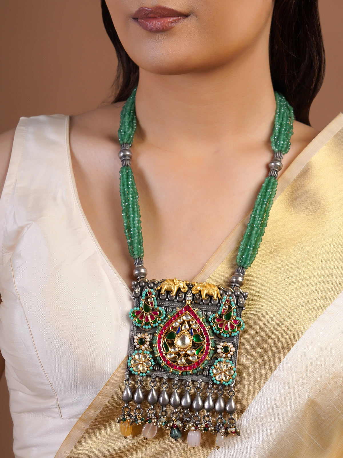 Sitamahor emerald elephant kundan fusion necklace with green bead strands and large mixed metal rectangular pendant
