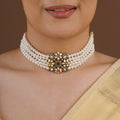 SITA RATNA green centre pearl choker moissanite necklace styled on model