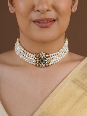 SITA RATNA green centre pearl choker moissanite necklace styled on model