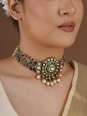 SITA RATNA multicolour bead choker with green and white moissanite centrepiece