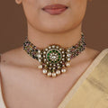 SITA RATNA multicolour beaded green moissanite choker necklace styled on model
