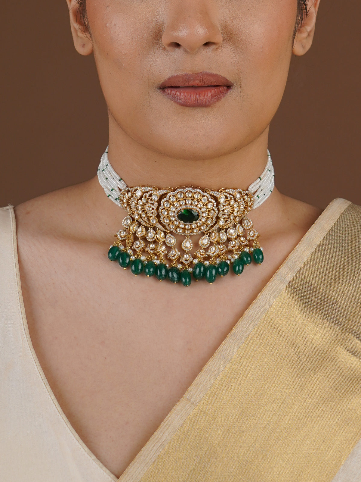 SITA RATNA green bead moissanite choker necklace styled three-quarter view