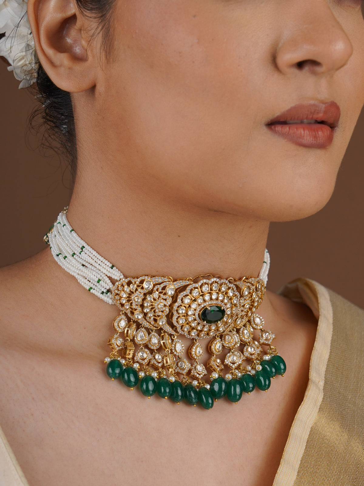 SITA RATNA green bead royal moissanite choker necklace styled front view