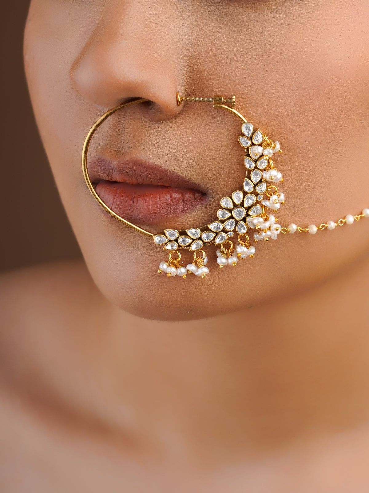 Sitaratna floral moissanite and pearl bridal nath handcrafted in 925 sterling silver