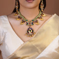 Samraagni meenakari peacock leaf kundan necklace close-up with multicolour enamel, green beads and statement teardrop pendant