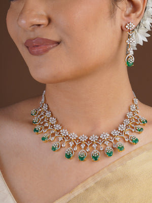 Sitamani emerald green floral AD CZ necklace set with sparkling white stone vines and matching drop earrings