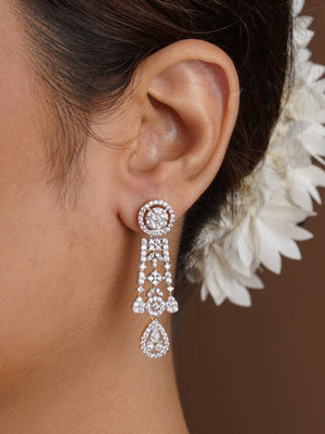 Sitamani white AD CZ lattice choker necklace set styled front view with matching chandelier earrings