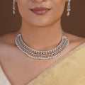 Sitamani diamond look AD CZ lattice choker necklace with multi-row white stone scallops and matching drop earrings