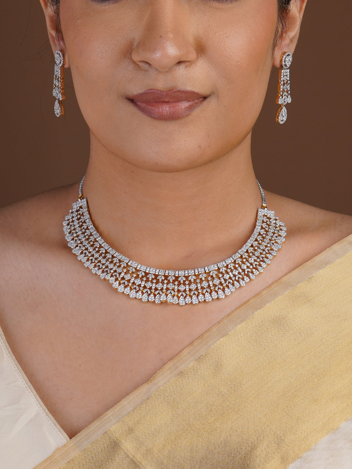 Sitamani diamond look AD CZ lattice choker necklace with multi-row white stone scallops and matching drop earrings