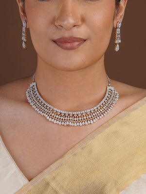 Sitamani diamond look AD CZ lattice choker necklace with multi-row white stone scallops and matching drop earrings