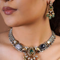 Sitamahor green stone fusion choker necklace set with oxidized silver tone, gold details, mixed stones and green bead drops