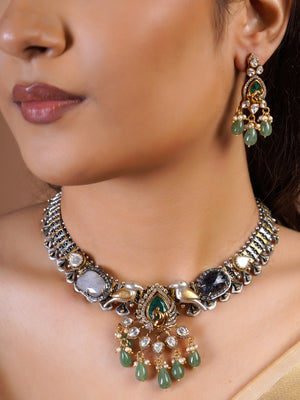 Sitamahor green stone fusion choker necklace set with oxidized silver tone, gold details, mixed stones and green bead drops