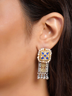 Sitamahor blue bead and pearl fusion long necklace set styled with matching rectangular earrings on ivory gold saree