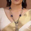 Sitamahor blue bead and pearl fusion long necklace with layered strands and ornate mixed-metal heritage pendant