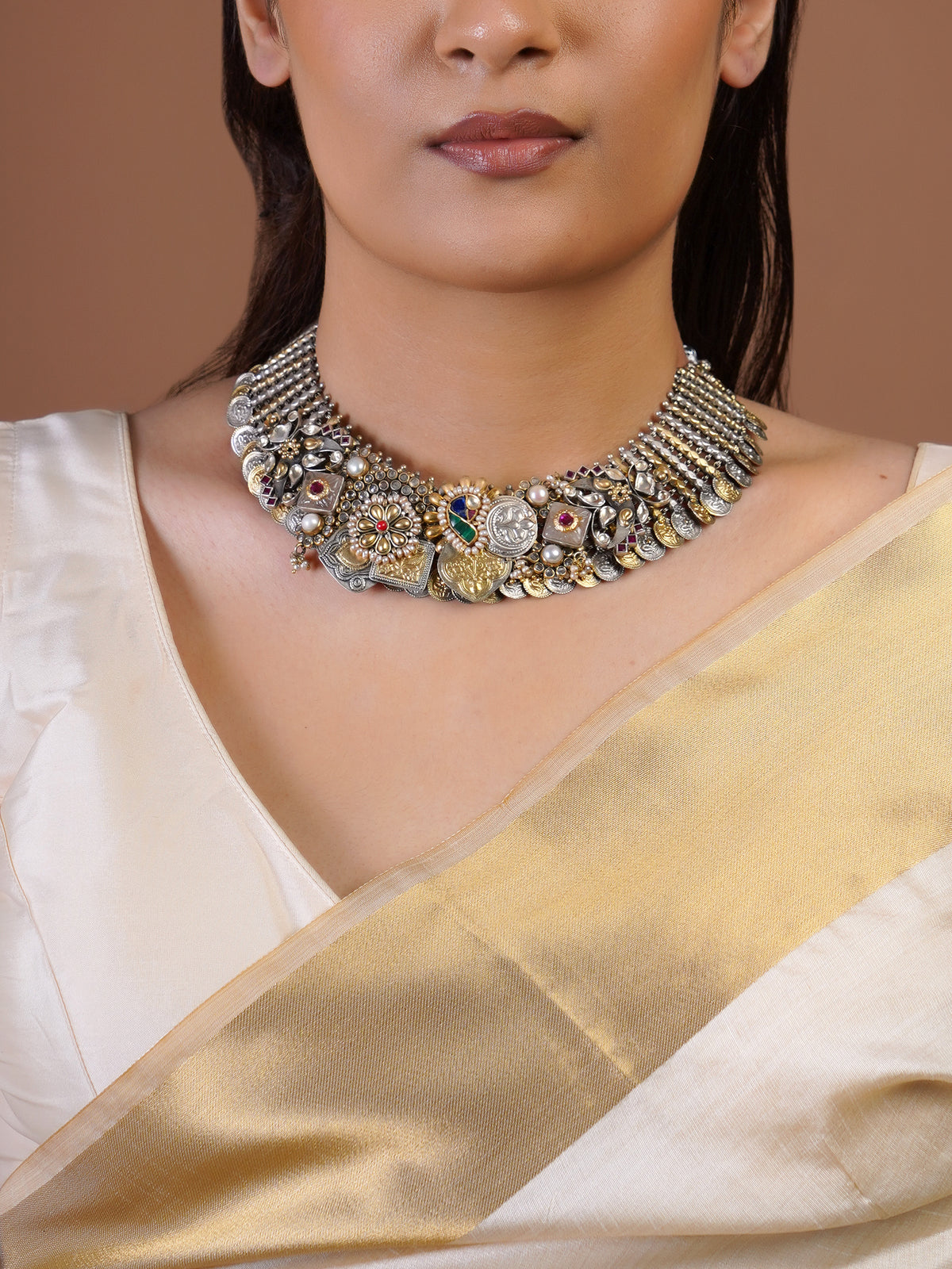 Sitamahor heritage coin motif fusion collar necklace close-up showing layered mixed-metal coins, floral motifs, pearls and enamel details