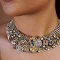 Sitamohur heritage coin motif fusion collar necklace with mixed silver and antique gold-tone medallions, pearl and stone accents