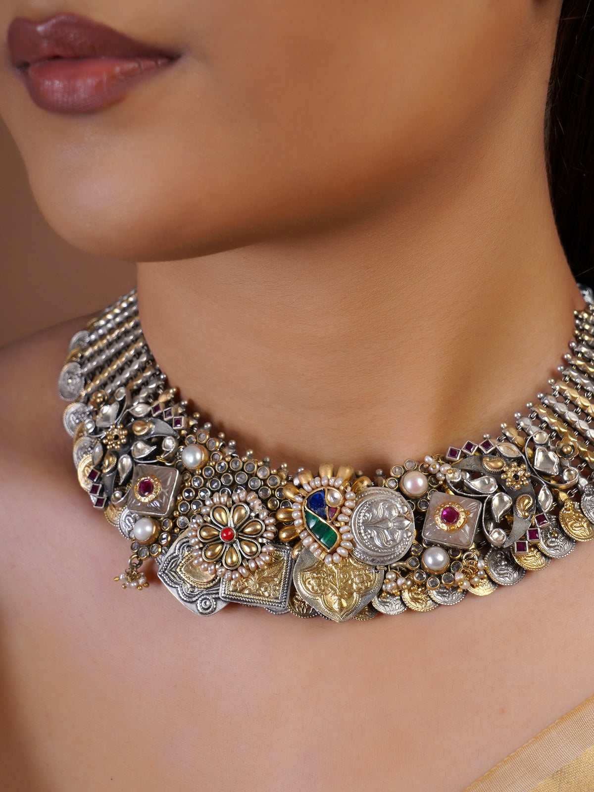 Sitamohur heritage coin motif fusion collar necklace with mixed silver and antique gold-tone medallions, pearl and stone accents