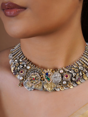 Sitamohur heritage coin motif fusion collar necklace with mixed silver and antique gold-tone medallions, pearl and stone accents