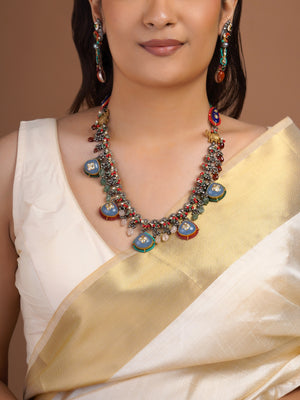 Sitamahor blue medallion charm fusion long necklace with oxidized silver-tone chains, multicolour beads and matching earrings