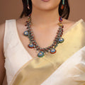 Sitamohur blue medallion charm fusion long necklace with oxidized silver-tone chains, multicolour beads and matching earrings