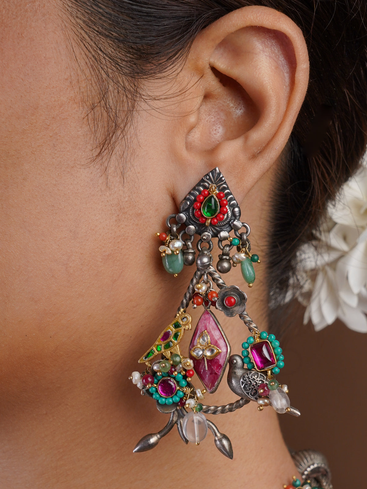 Sitamahor Navrangi artisan fusion chandelier earring with oxidised silver-tone frame, ruby pink, green and turquoise accents by SITA JEWELRY