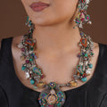 Sitamahor Navrangi artisan fusion necklace set with oxidized silver-tone layers, colourful bead clusters, heritage motifs and matching earrings