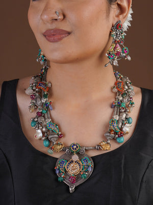 Sitamahor Navrangi artisan fusion necklace set with oxidized silver-tone layers, colourful bead clusters, heritage motifs and matching earrings