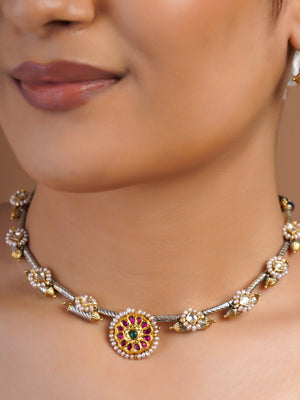 Sitamahor pearl floral two-tone fusion choker with silver-gold mixed metal details, ruby green centre medallion and matching earrings