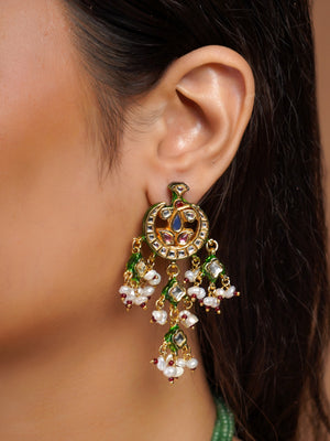 Samragni green bead peacock kundan pendant necklace set front view with cascading pearl details and matching earrings