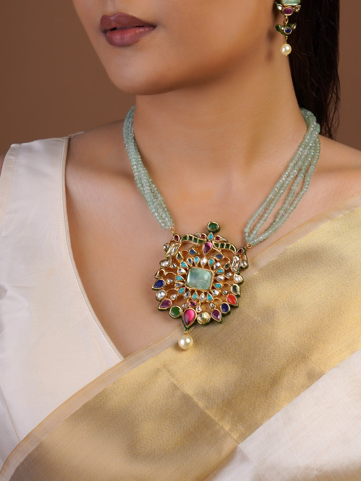 Samraagni aqua bead multicolour kundan pendant necklace set front view with large openwork pendant and matching drop earrings